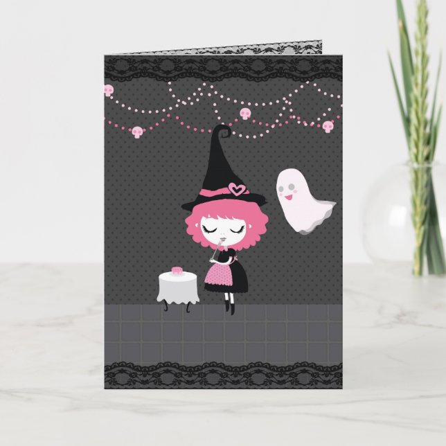 Halloween (or Birthday) Pink Cute Witch card (Front)