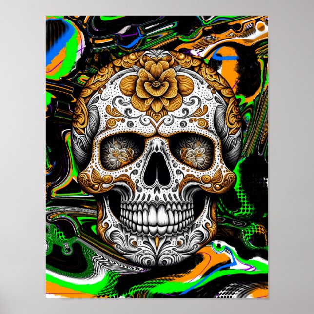 Halloween or Día de Muertos Sugar Skull Fluid Art Poster (Front)