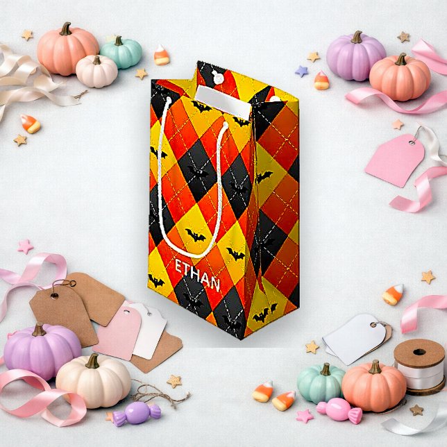 Halloween Orange and Black Argyle Bat Small Gift Bag (Creator Uploaded)