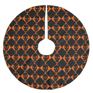 Halloween Orange and Black Harlequin Skull Brushed Polyester Tree Skirt