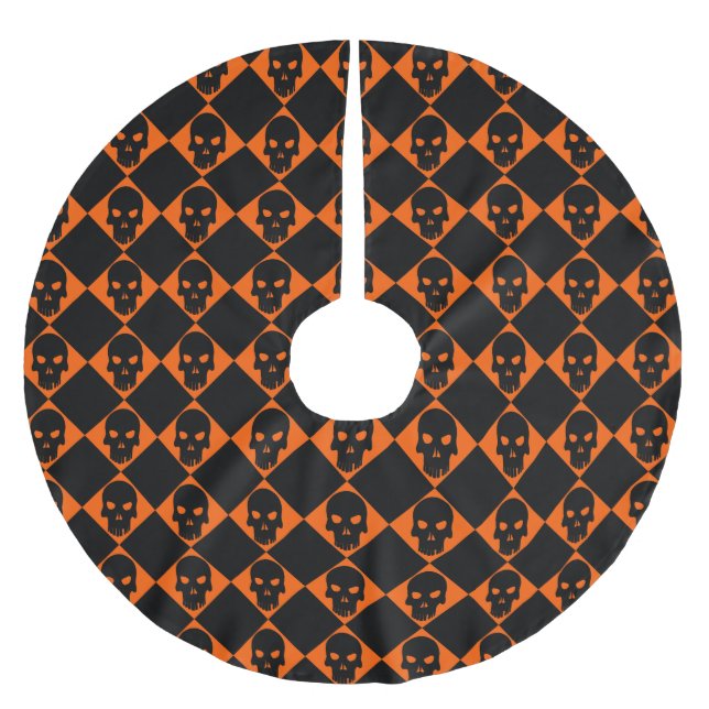 Halloween Orange and Black Harlequin Skull Brushed Polyester Tree Skirt (Front)