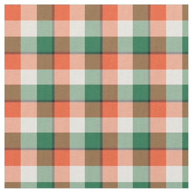 Halloween Orange and Green Chequered Plaid Pattern Fabric (Close Up)