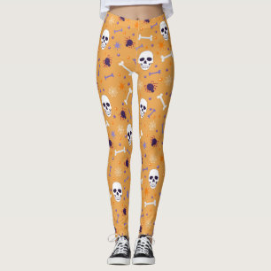 Halloween Orange and Skulls, Bones, Spiders & Web Leggings