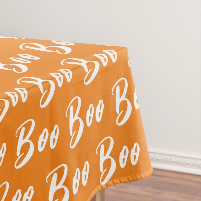 Halloween Orange and White boo text pattern Tablecloth (In Situ)