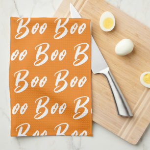 Halloween Orange and White boo text pattern Tea Towel