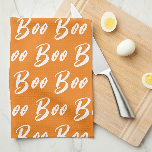 Halloween Orange and White boo text pattern Tea Towel (Quarter Fold)