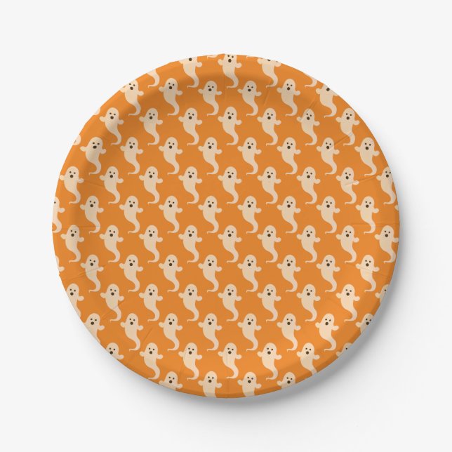 Halloween Orange and White Ghost Pattern Paper Plate (Front)