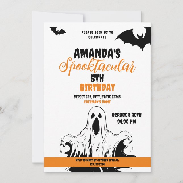 Halloween Orange and White Scary Ghost Birthday Invitation (Front)