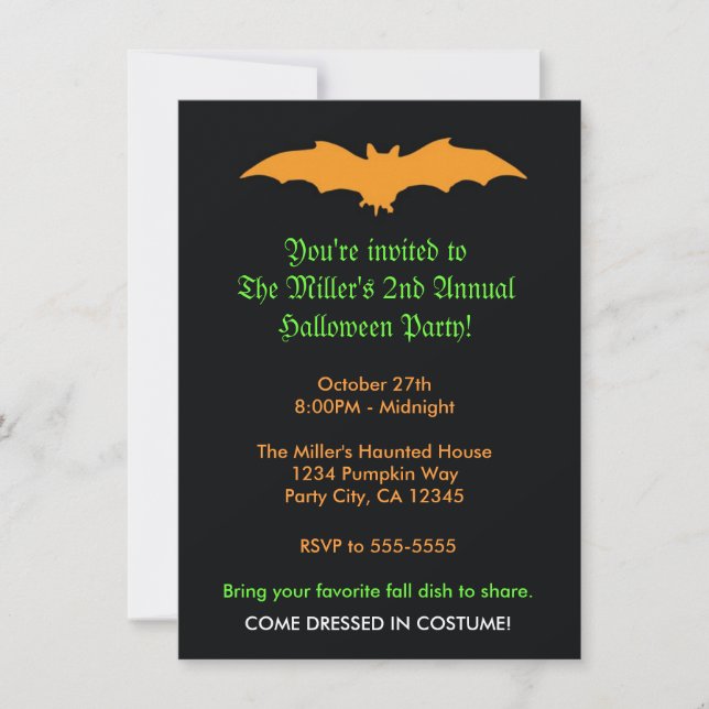 Halloween Orange Bat on Black Party Invitation (Front)