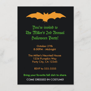Halloween Orange Bat on Black Party Invitation