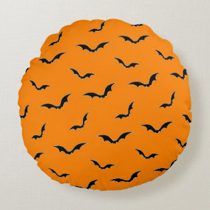 Halloween Orange & Black Bats Flying Pattern Round Cushion