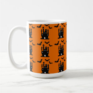 HALLOWEEN ORANGE & BLACK BATS & SPOOKY HOUSES COFFEE MUG