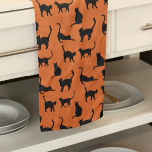 Halloween Orange Black Cat  Tea Towel