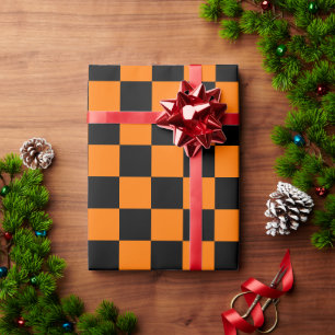 Halloween Orange Black Checks Birthday Custom Text Wrapping Paper