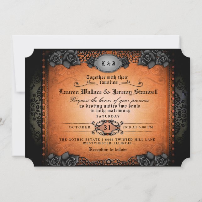 Halloween Orange & Black Gothic Together Wedding Invitation (Front)