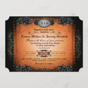 Halloween Orange & Black Gothic Together Wedding Invitation