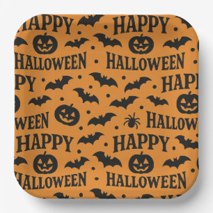 Halloween Orange & Black Jack-O-Lanterns Bats Paper Plate