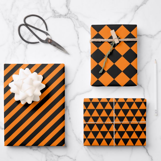 Halloween Orange Black Modern Pattern Custom Text Wrapping Paper Sheet (Front)