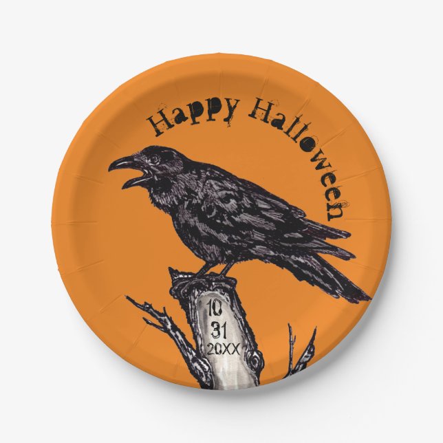 Halloween Orange Black Raven Crow Dated Gothic Paper Plate (Front)
