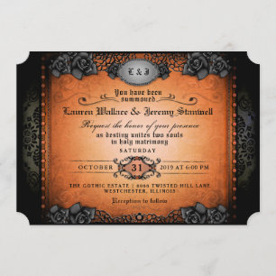 Halloween Orange Black Roses Gothic Wedding Invite