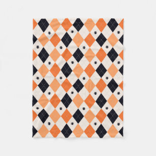 Halloween Orange & Black Spider Argyle Pattern Fleece Blanket