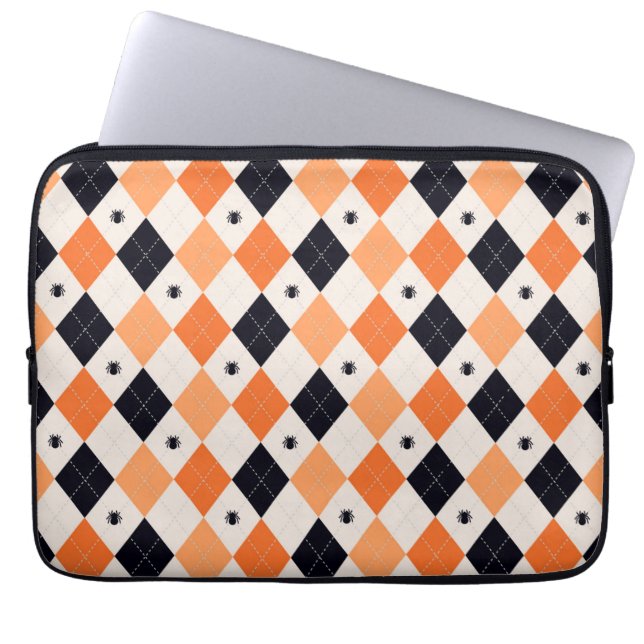 Halloween Orange & Black Spider Argyle Pattern Laptop Sleeve (Front)