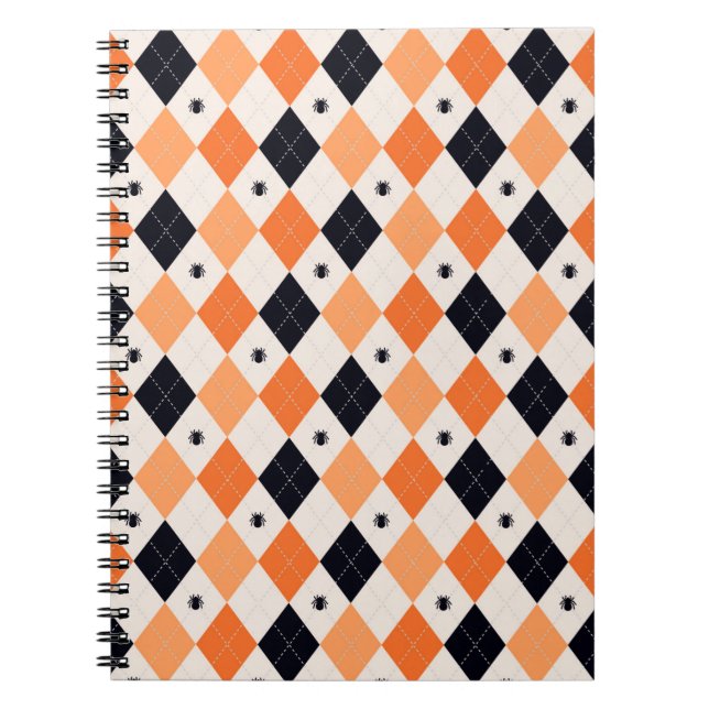 Halloween Orange & Black Spider Argyle Pattern Notebook (Front)