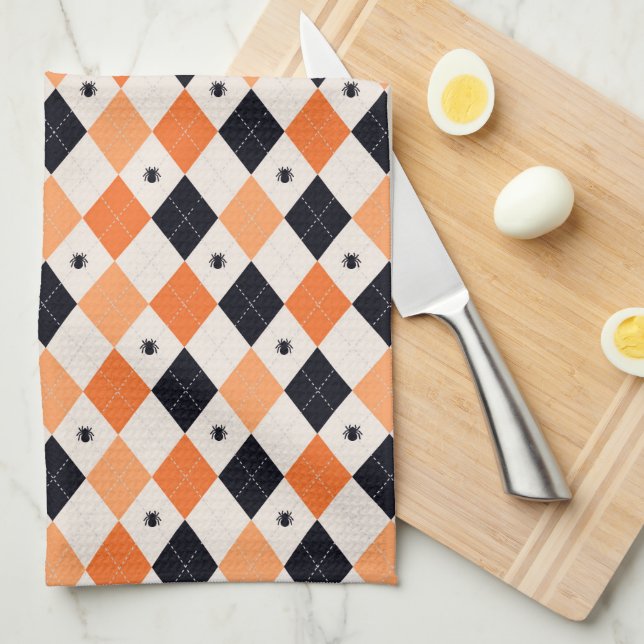 Halloween Orange & Black Spider Argyle Pattern Tea Towel (Quarter Fold)