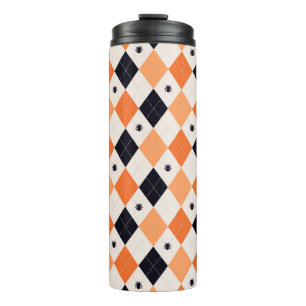 Halloween Orange & Black Spider Argyle Pattern Thermal Tumbler