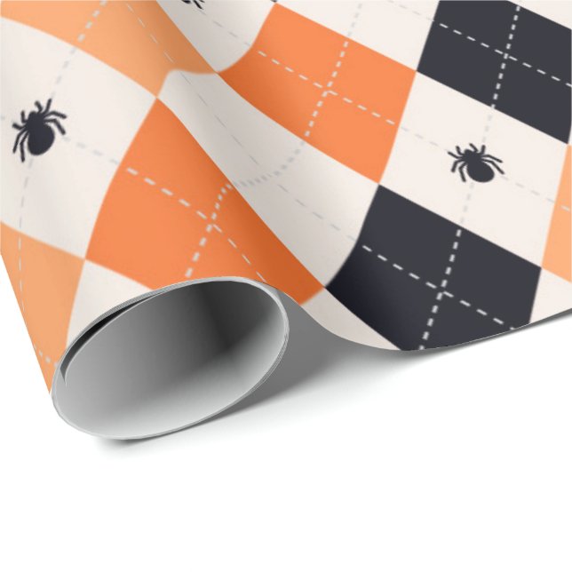 Halloween Orange & Black Spider Argyle Pattern Wrapping Paper (Roll Corner)