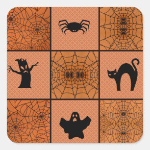Halloween Orange Black Spooky Spider Web Collage Square Sticker