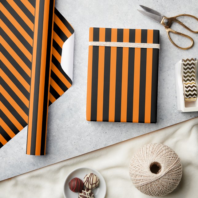 Halloween Orange Black Stripes Pattern Custom Text Wrapping Paper (Halloween Orange Black Stripes Pattern Custom Text Wrapping Paper)