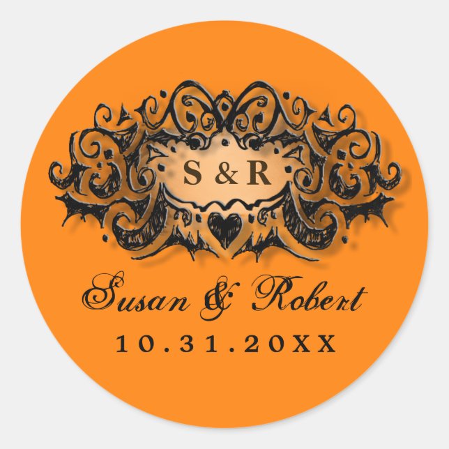 Halloween Orange Black Wedding Round Label Names (Front)