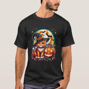 Halloween Orange Cat Kitten Witch Girls Graphic T-Shirt