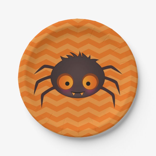 Halloween Orange Chevron Cute Spider Design Paper Plate (Front)