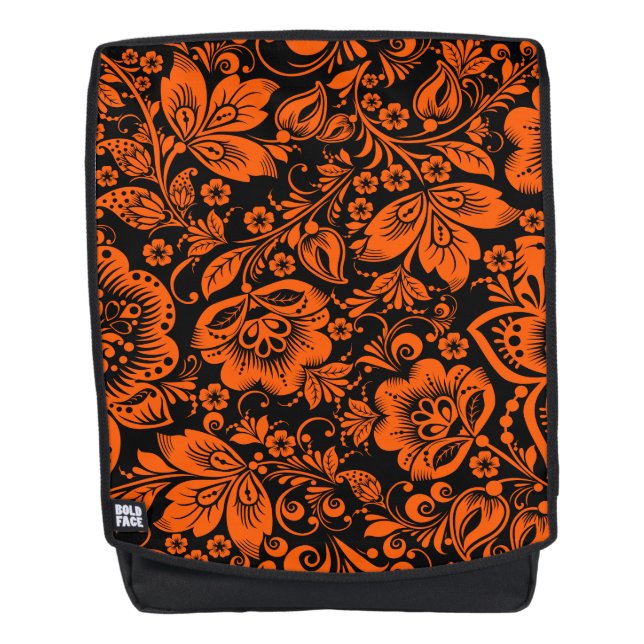 Halloween Orange Elegant Floral Damasks Backpack (Front)