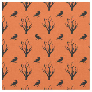 Halloween orange fabric with crows and dead trees