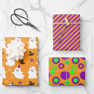 Halloween Orange Ghost Cute Stripes Dots Kids Wrapping Paper Sheet