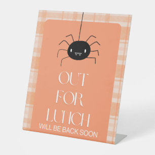 Halloween Orange Gingham Spider Out For Lunch  Pedestal Sign