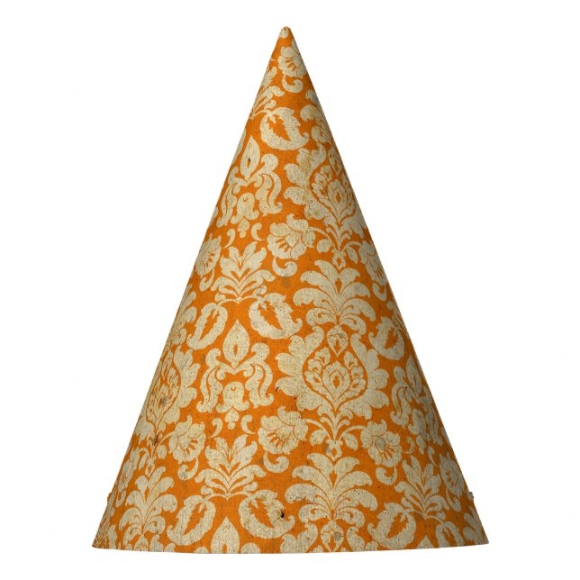 Halloween Orange Grunge Damask Party Hat (Front)
