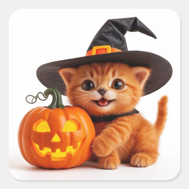 Halloween Orange Kitten Jack O Lantern Pumpkin 🦇 Square Sticker (Front)