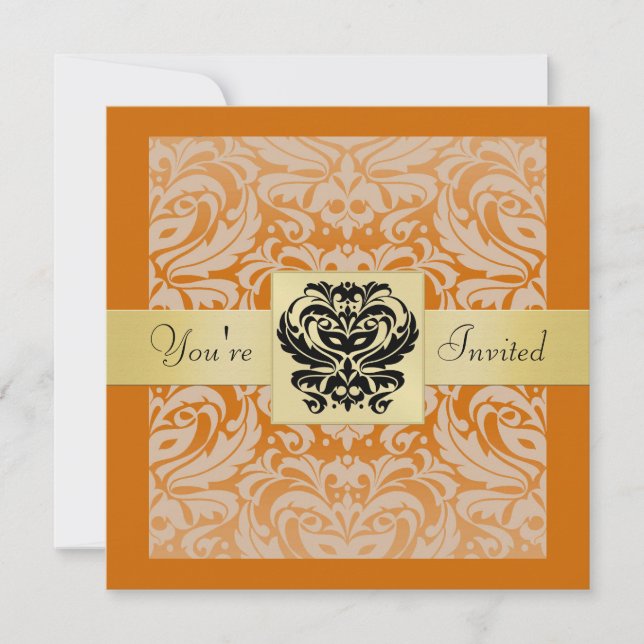 Halloween Orange Mask Damask Gold  Invitation (Front)