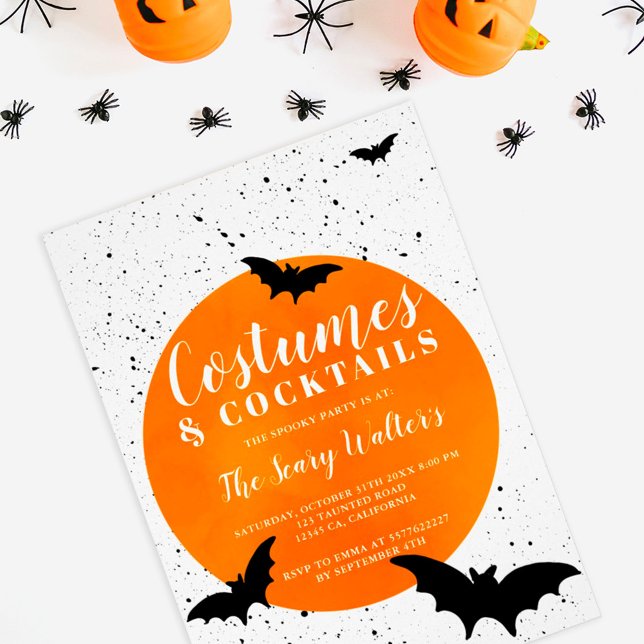 Halloween orange moon bats splatters cocktails invitation (Creator Uploaded)