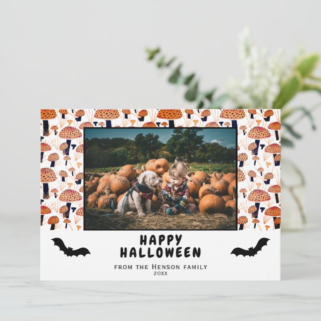Halloween Orange Mushroom Black Bat Fall Photo  Holiday Card (Standing Front)