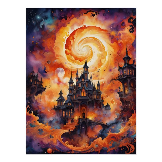 Halloween Orange Night Castle Poster (Front)