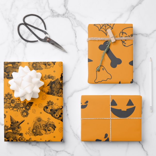 Halloween Orange Patterned Wrapping Paper Sheet (Front)