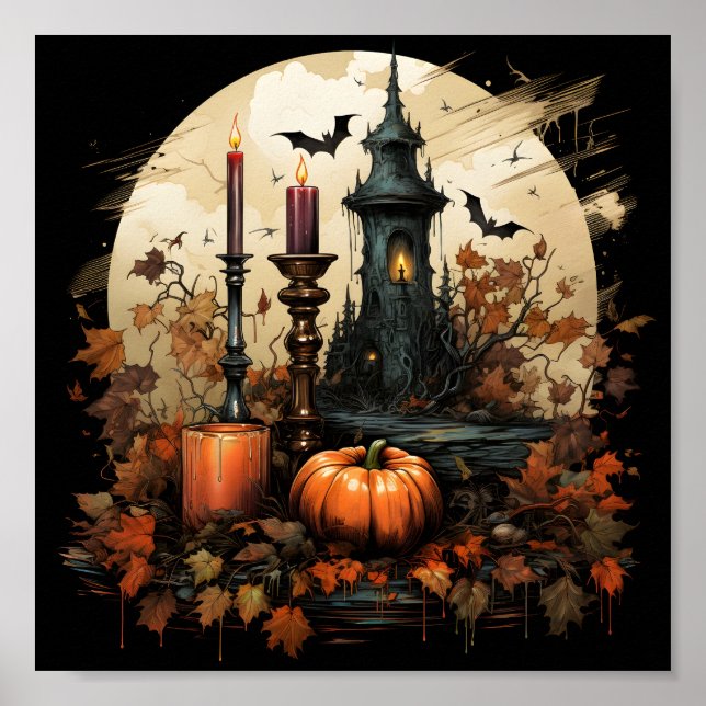 Halloween Orange Pumpkin, Bats, Candle And Leaves Poster (Front)