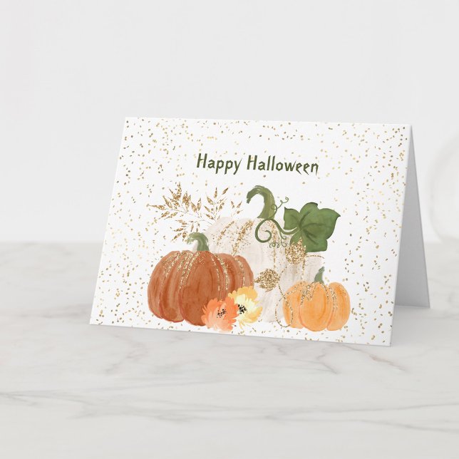 Halloween Orange Pumpkin Gold Floral Card (Creator Uploaded)
