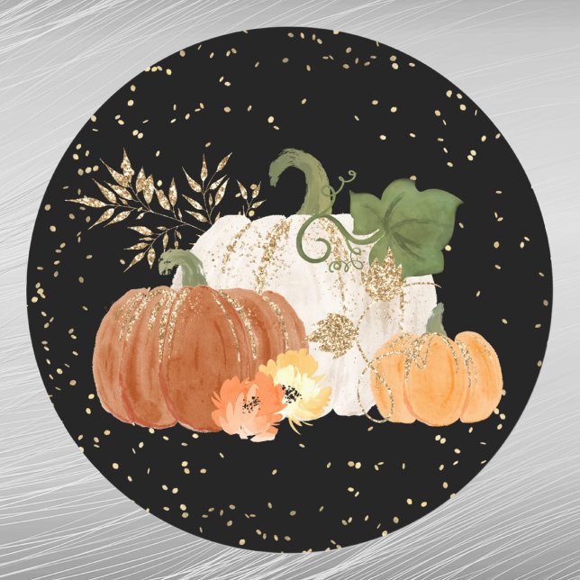Halloween Orange Pumpkin Gold Floral Classic Round Sticker (Creator Uploaded)