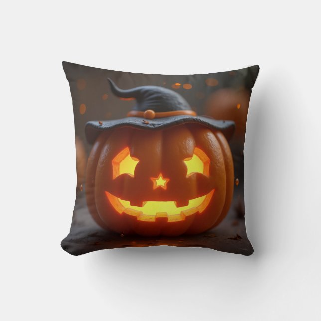 Halloween orange pumpkin wearing a witch hat cushion (Front)